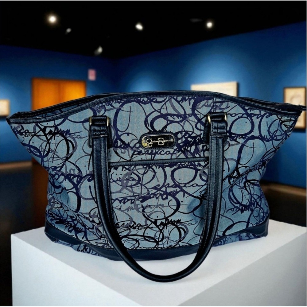 NOT FOR SALE-Jessica Simpson Tote Blue Pink Lining Signature Script Satchel